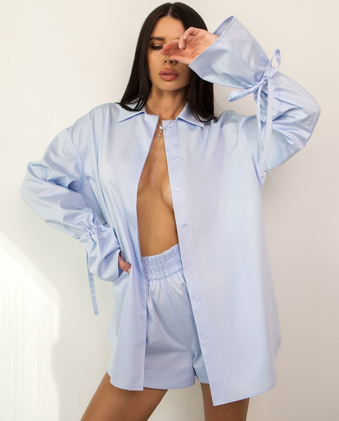 Europe and the United States  2025 spring loose casual suit women's 100% cotton lace-up petal sleeve cardigan shorts two-piece set