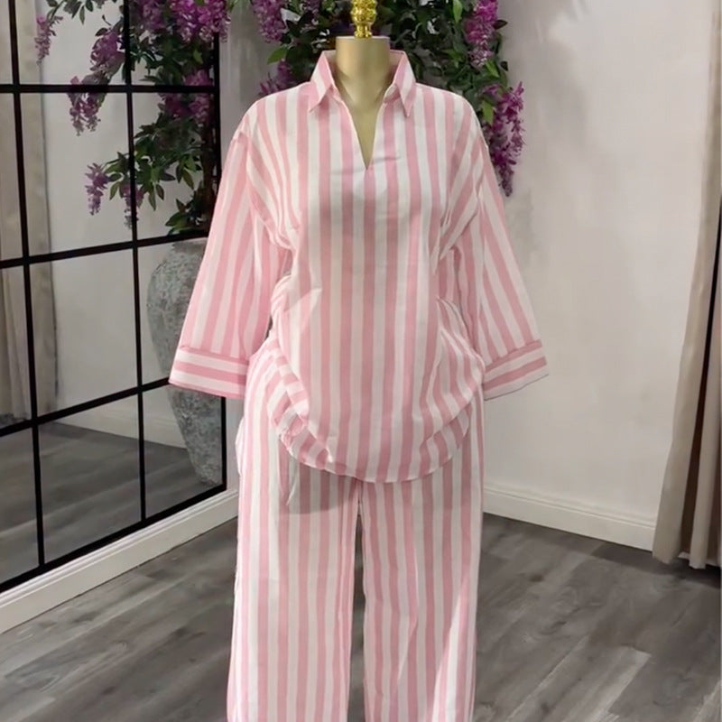 European and american cross-border women's fashion:  summer new arrival - stylish turn-down collar, loose fit pink striped shirt and wide-leg pants set