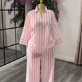European and american cross-border women's fashion:  summer new arrival - stylish turn-down collar, loose fit pink striped shirt and wide-leg pants set