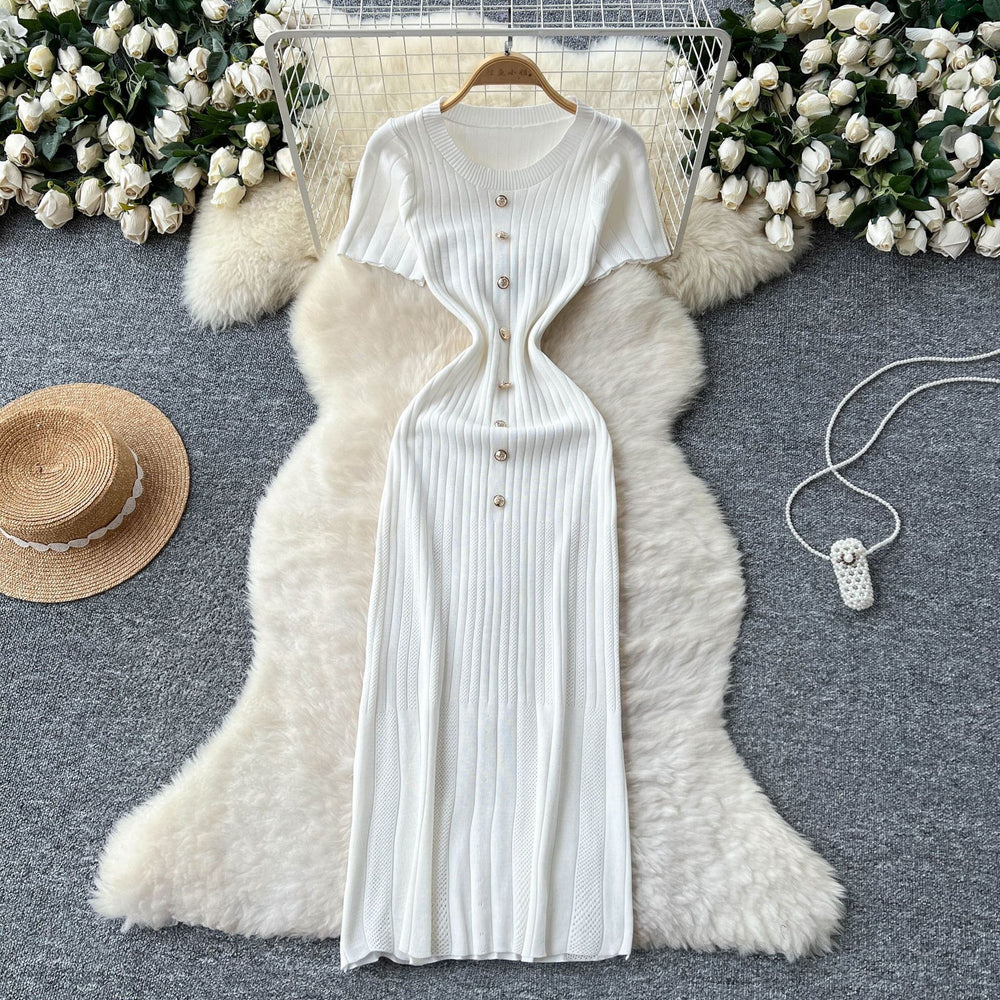 Xiaoxiangfeng fashionablefashionable metal buckle silm short-sleeved knittingdress female summerfrench waist sweater skirt