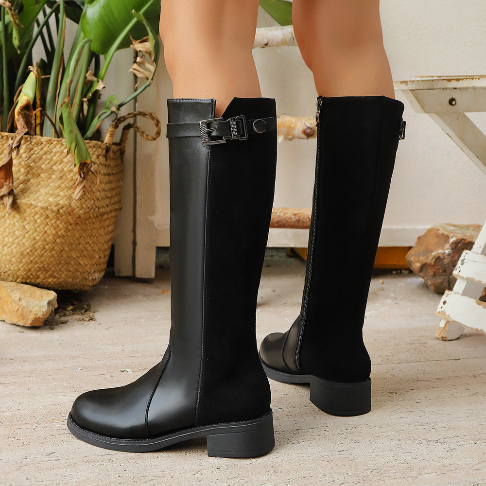 Plus size british style  autumn new side zipper high boots suede patchwork buckle low heel riding boots for women