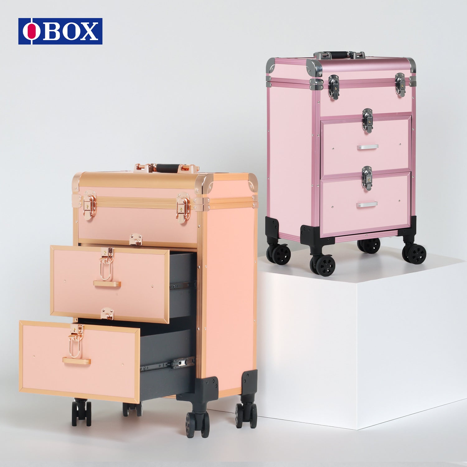 OBOX热卖拉杆化妆箱双层分隔设计便携式滚轮行李箱影楼剧组专用化