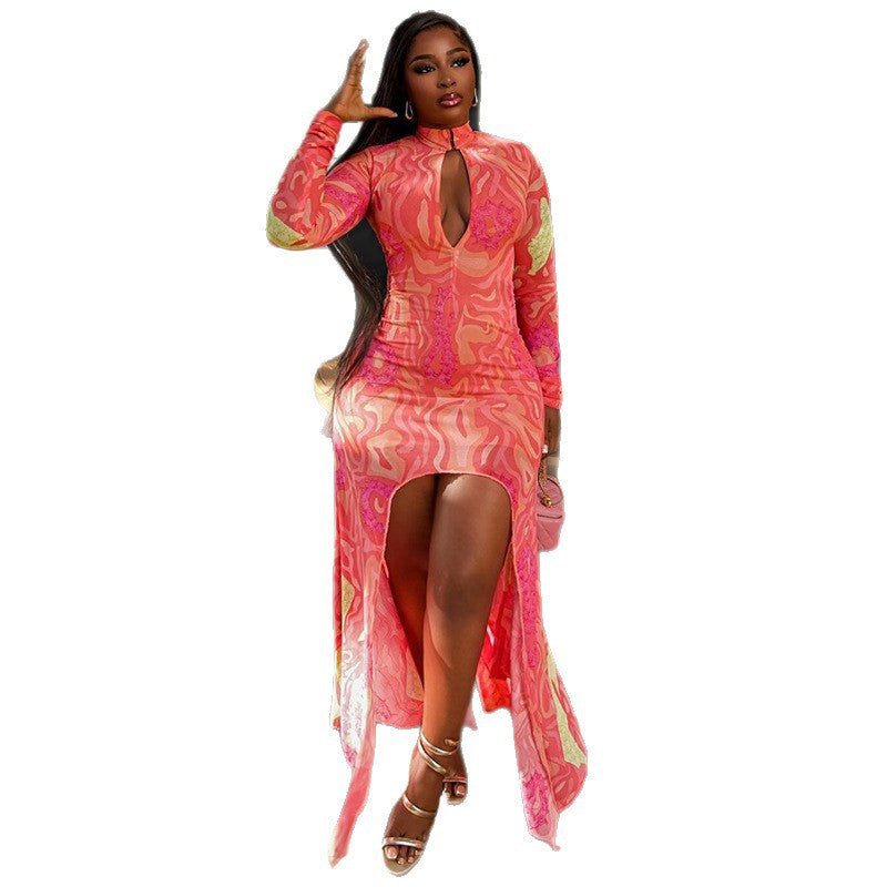 Fashion style cross-border design women's clothing cut out commuting hip skirt urban color matching high collar long sleeves waist trendy dress