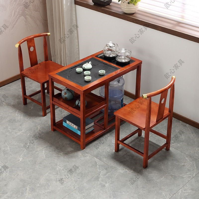 Solid wood balcony tea table small coffee table tea table and chair combination all-in-one complete set with water kettle stone plate zhuo casual