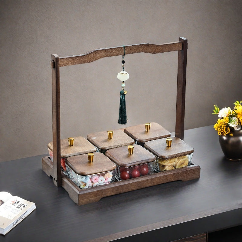 Luxury walnut wood-effect fruit & snack platter - home use, divided compartments, creative dried fruit dish, dessert glass bowl & fruit plate