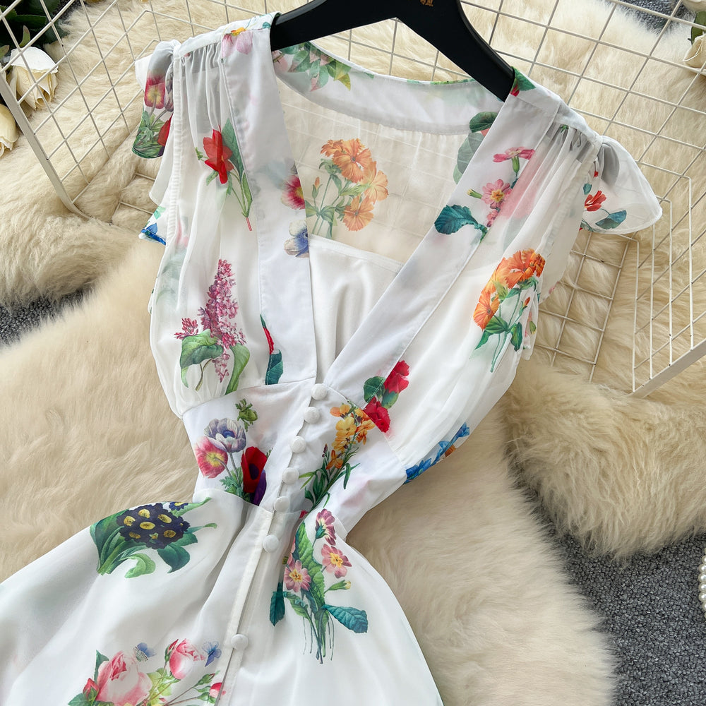French holiday style printinglongdress women's waist elegant deep v neck small flying sleeves ruffles chiffon long skirt