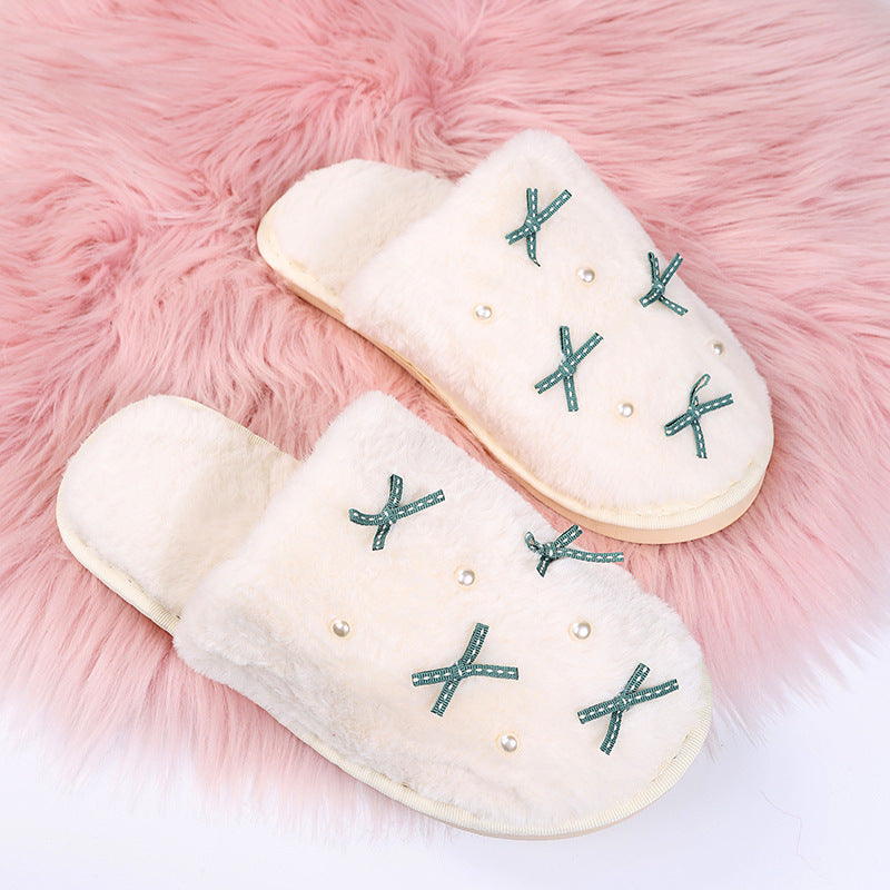 Cute girly ins style cotton slippers for women indoor flatsfor homeheattechfall and winterbowspopular furry slippers