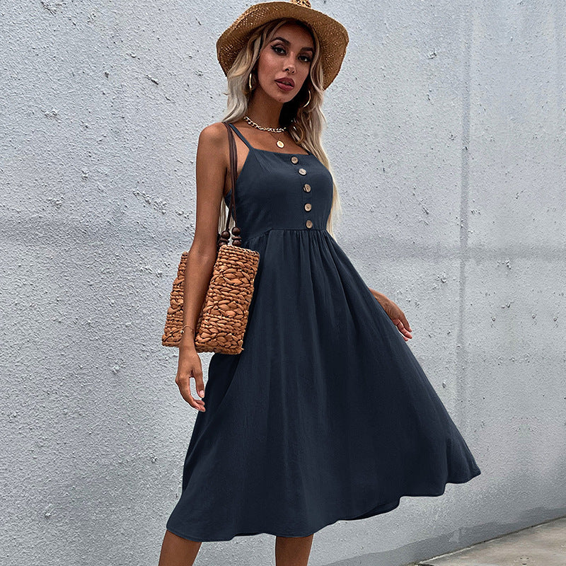 Spot   independent station women's clothing summer new European and American suspender skirt slim-fitting solid color cotton and linen dress