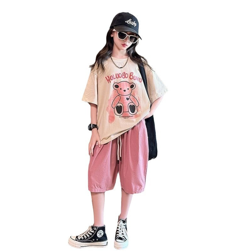 Girls' fashion set -  summer new arrival: stylish and trendy two-piece outfit for older girls and students - casual short-sleeve top and shorts set
