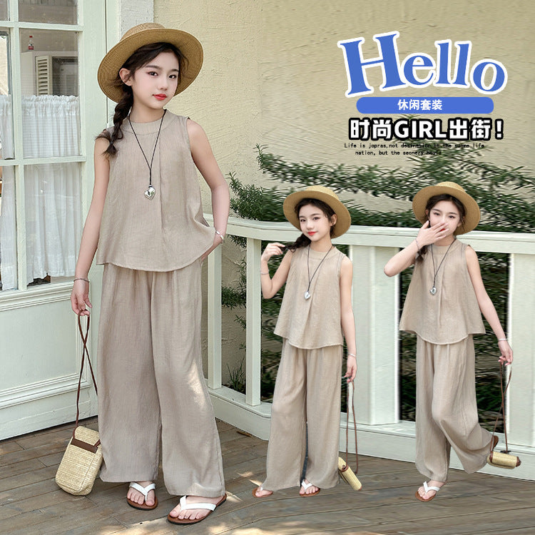 Girls' summer outfit : trendy and stylish kids' tank top and loose-fit casual pants set - sleeveless summer wear for older girls