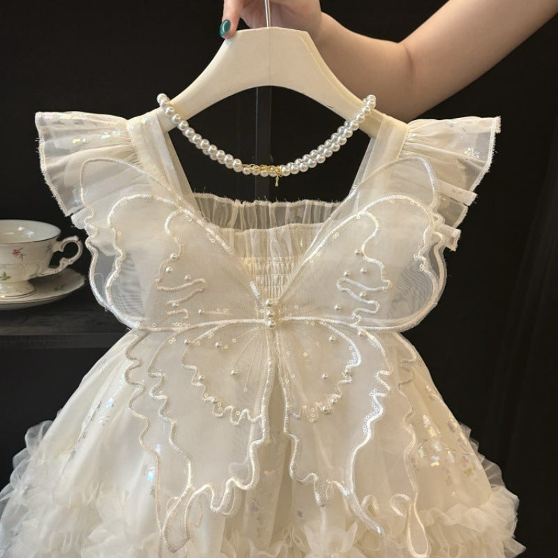 Girls' princess dress - summer  new collection: stunning and stylish white formal dress with butterfly wings for kids