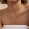 Influencer-style minimalist stainless steel fine round bead chain double layer necklace for women with cross pendant jewelry