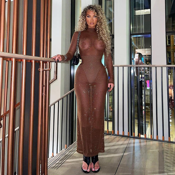041683DB  exclusive for 2025 spring new product slim perspective hot diamond mesh yarn European and American long-sleeved dress women