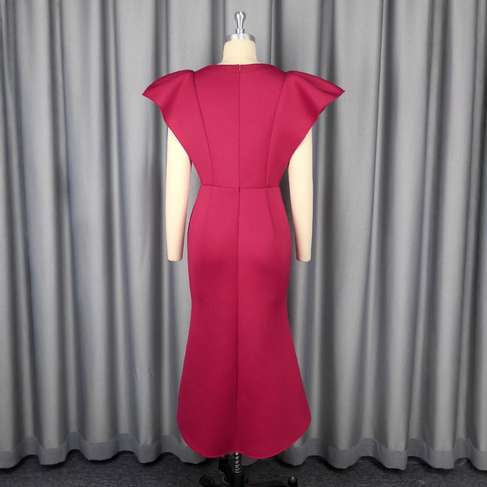new v-neck flutter sleeve dress ruffle trim bodycon party evening gown
