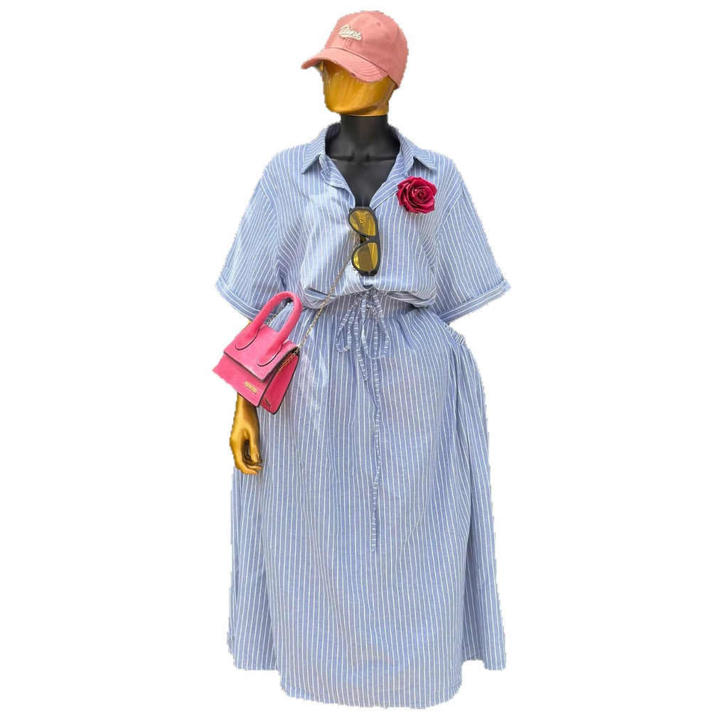 European and american cross-border women's fashion:  summer new collection - stylish loose-fit blue striped shirt and tie-waist midi skirt set