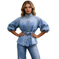 Fashion cross-border  foreign trade strap waist lantern sleeves nine-quarter sleeves easiest for matchretro denim shirt women's tops