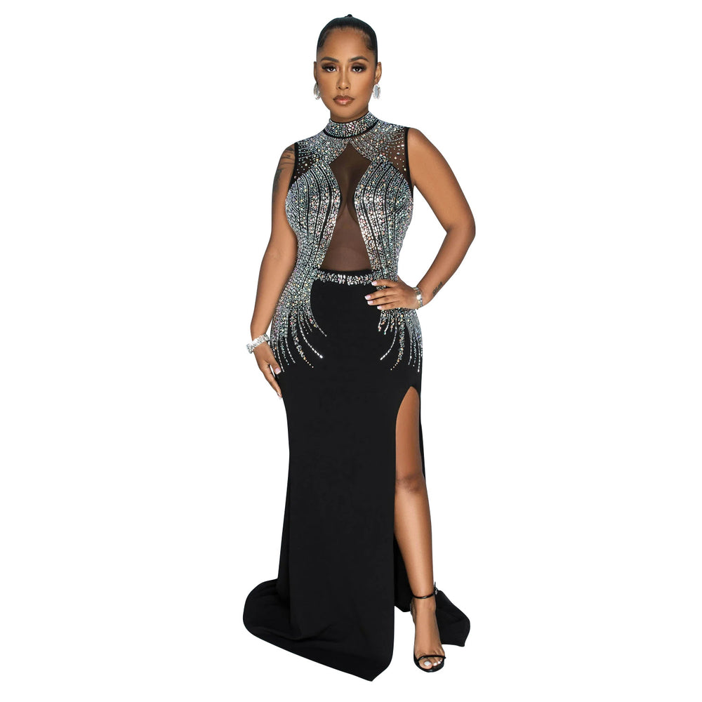 C6860 cross-border   fashion women's solid color mesh rhinestone slit maxi dress