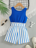girls' summer outfit: round neck tank top with lace trim and pistachio green shorts with belt - two-piece set for kids