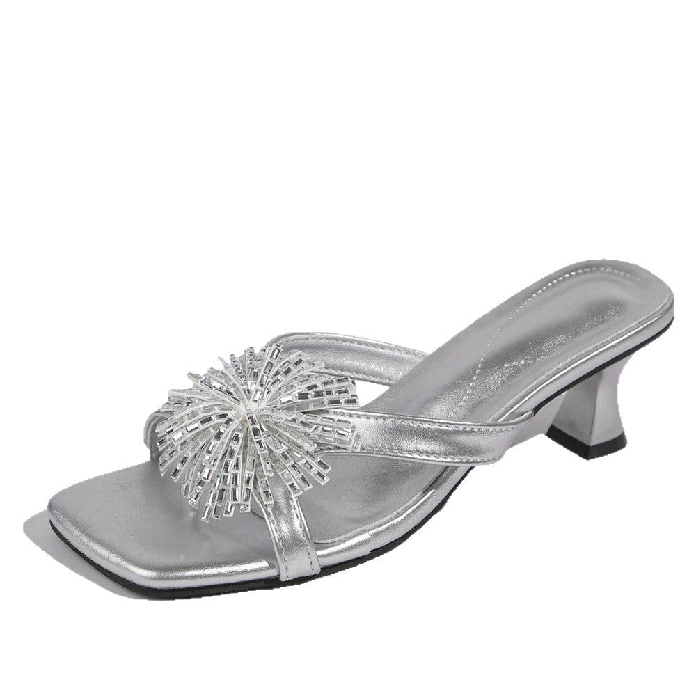 2026new arrival crystal fireworks fairy shoes thick heel sandals outwear sandals women's shoes fashionelegant one-line slippers