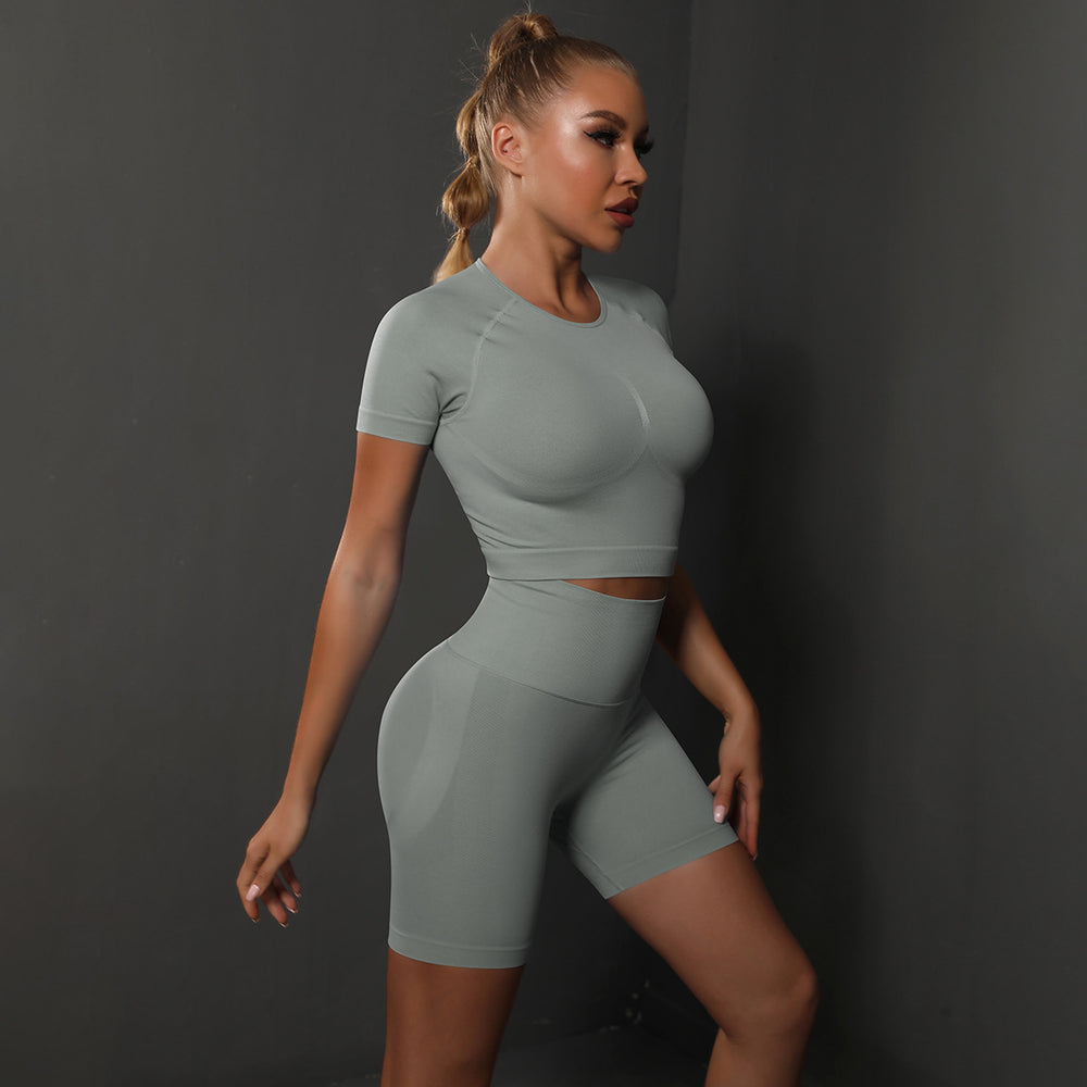 fashion seamless peach butt pure color high elastic yoga short sleeve shortssuitrunning sports fitness two-piece set