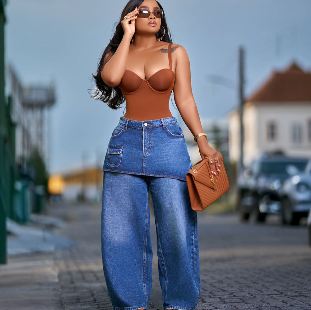 European and american style straight-leg jeans,  cross-border new women's streetwear washed elastic waist denim skirt pants