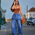 European and american style straight-leg jeans,  cross-border new women's streetwear washed elastic waist denim skirt pants