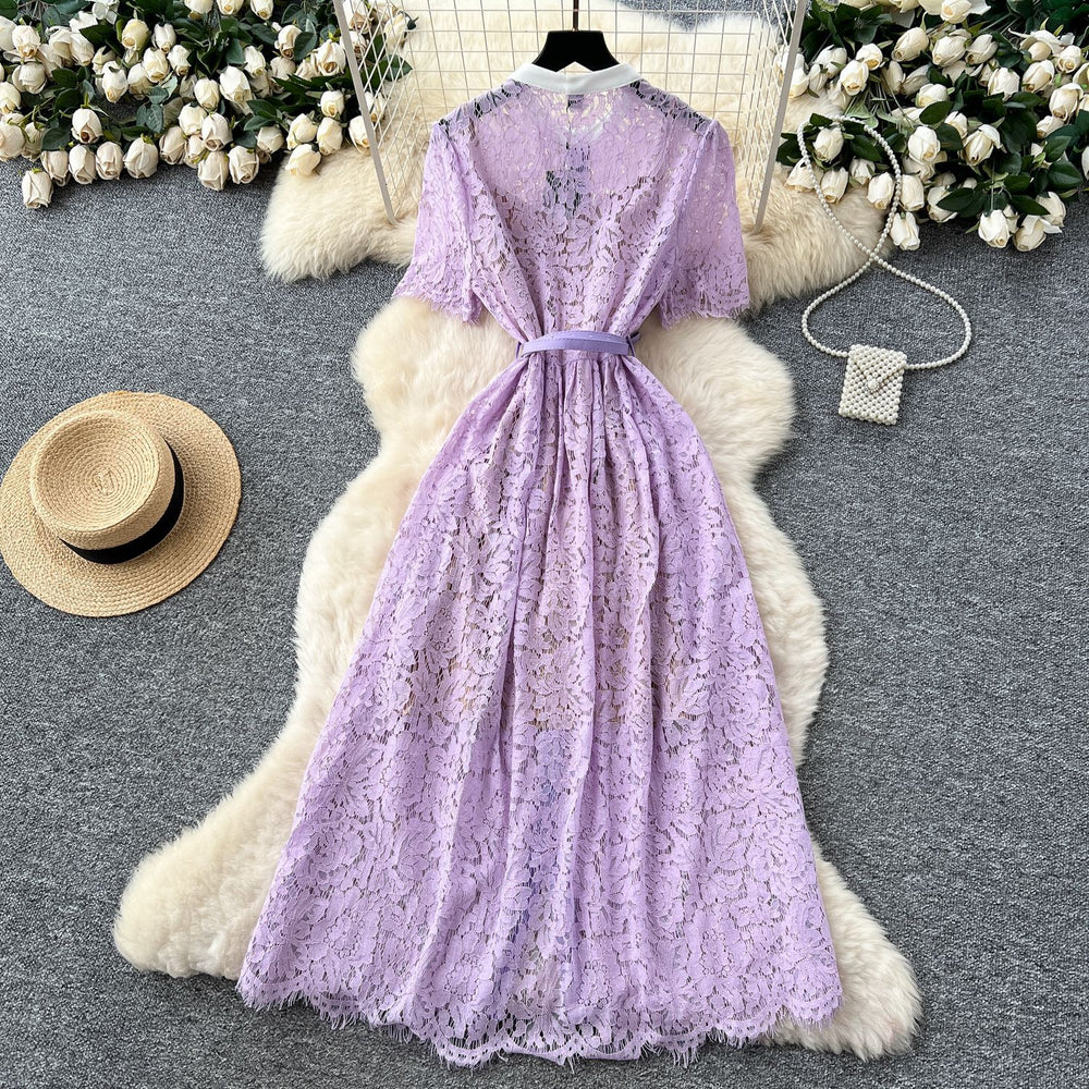 French high-end women's dress -  summer collection: chanel-inspired, cinched waist, single-breasted, elegant lace maxi dress