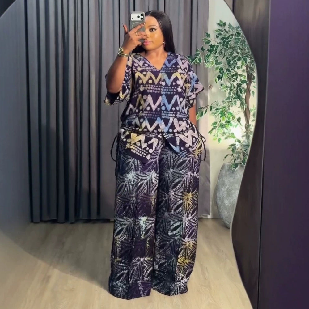 african women's clothing  summer new arrival: elegant v-neck drawstring loose plus size printed top and pants set