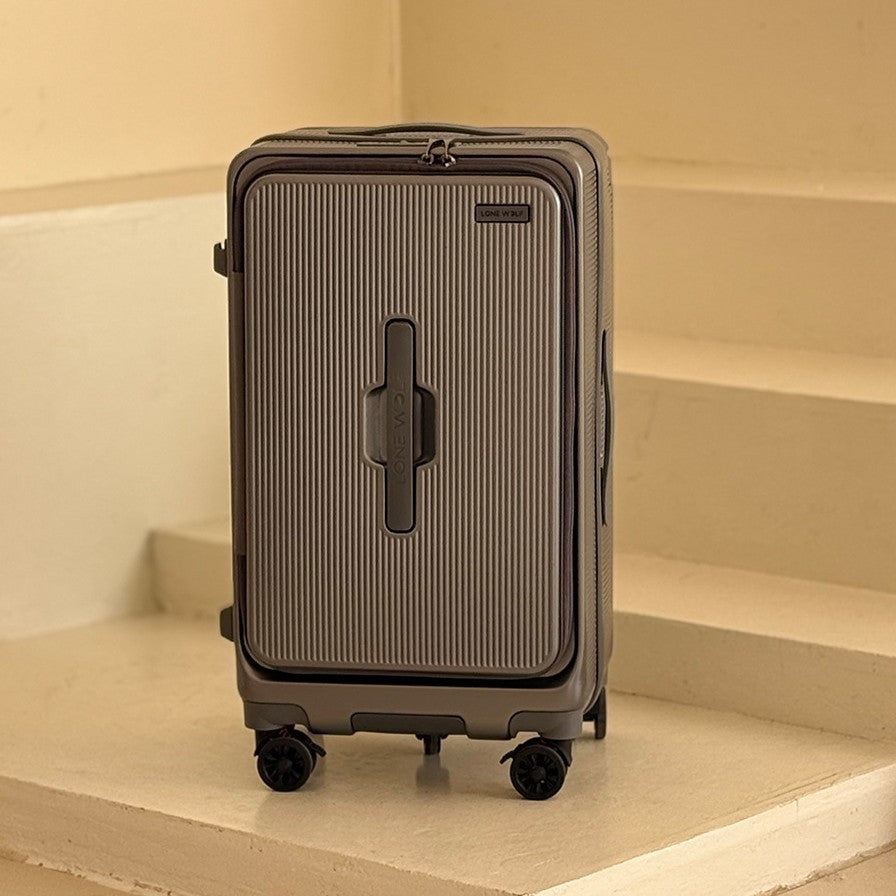 Lone wolf front open lid suitcase wide trolley case suitcase 20 inch boarding case leather case five-wheel password bag