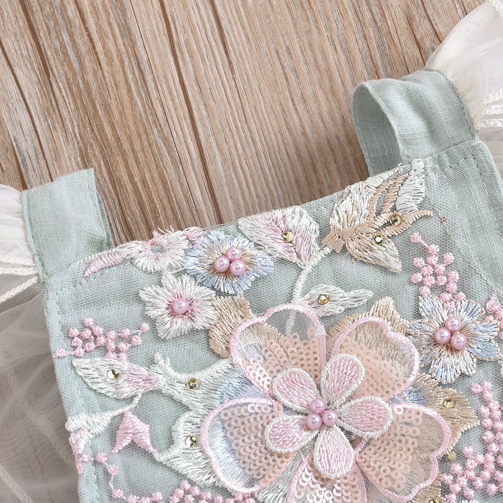 European and american cross-border e-commerce new arrival: girls' baby romper with mesh lace, beaded appliqué, and tie closure