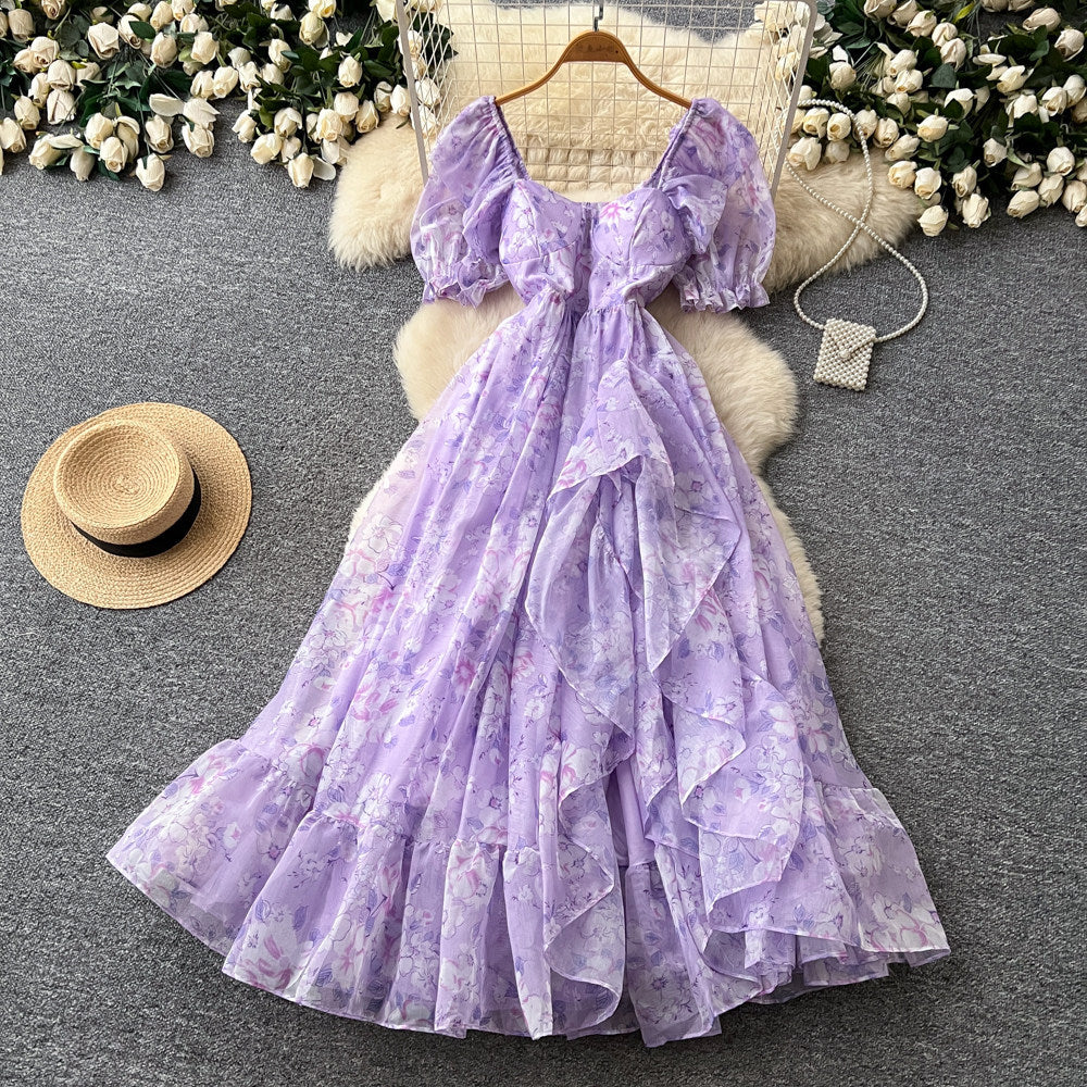 French fairy style puff sleeve floral dress women's summer korean style cinched waist ruffle hem vacation maxi dress - elegant