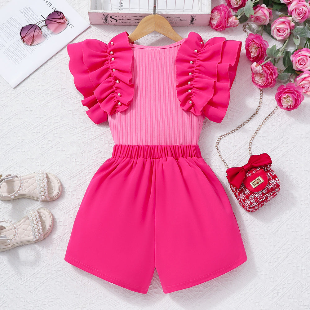 Girls' two-piece set (sizes for mid-to-large children): pearl ruffle top + pearl shorts set