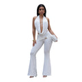 C7589 cross-border   fashion women's sexy solid color backless top and pants set - new