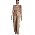 European and american cross-border women's fashion:  autumn new arrival - elegant v-neck flutter sleeve plaid top and wide-leg pants set
