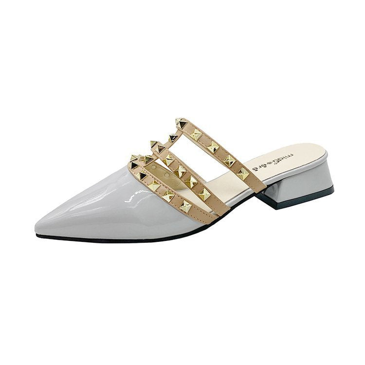 Studded sandals with a french flair – women's summer flat sandals, korean-style patent leather pointed-toe mules with rivet detailing