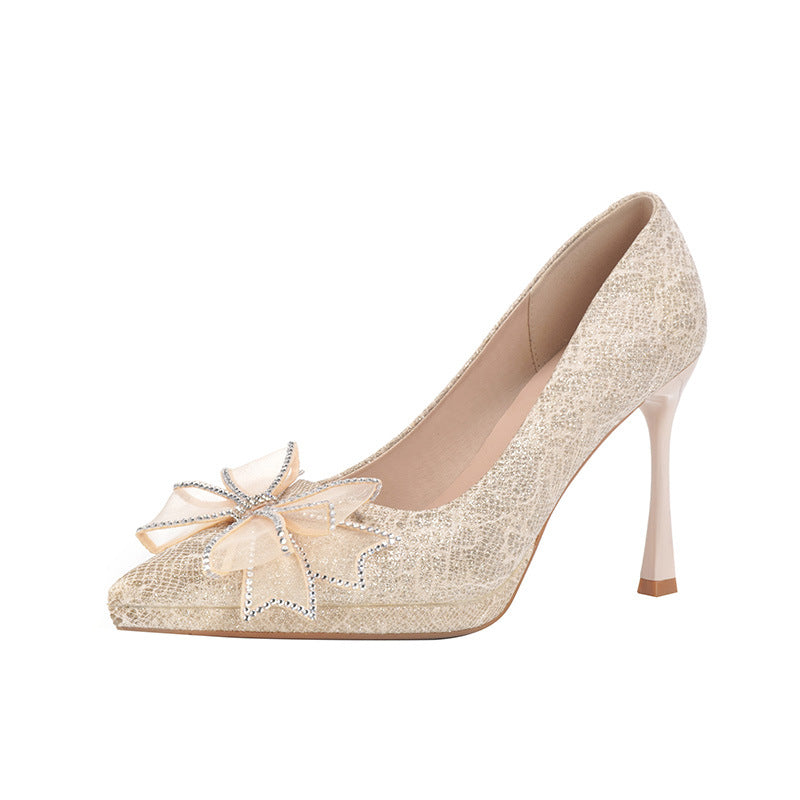 Champagne pointed toe high heels women's wedding shoes xiuhe wedding dress two-wear bridesmaid shoes rhinestone bows waterproof platform pueraria lobata