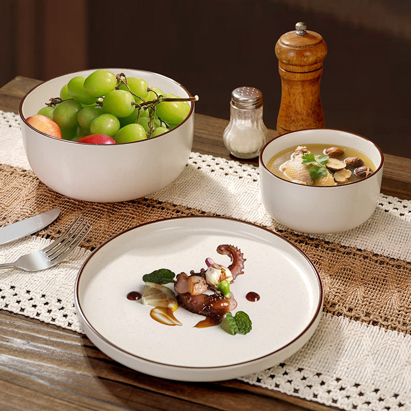 European minimalist black line dinnerware set, ceramic steak plate for restaurants and hotels, personalized fruit and salad bowl for home use