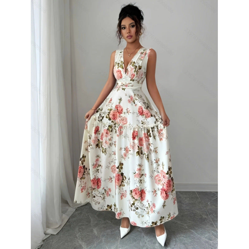 Women's new summer french chic floral print v-neck sleeveless maxi dress - perfect for dates
