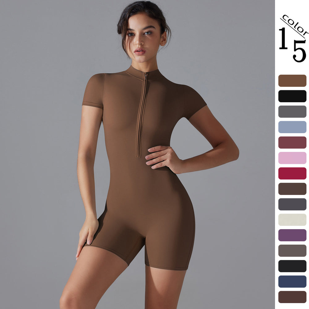 New european and american summer zip-up short sleeve shorts yoga jumpsuit women's dance fitness bodysuit