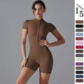New european and american summer zip-up short sleeve shorts yoga jumpsuit women's dance fitness bodysuit