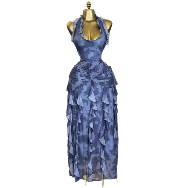 European and american cross-border women's fashion:  autumn new arrivals - sexy v-neck printed ruched waist ruffle halter dress