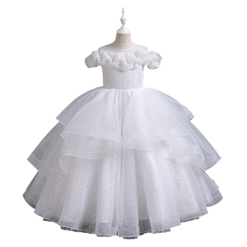 Ready-to-ship, cross-border bestseller: high-end girls' formal dress, long, full skirt with mesh paneling, floral princess dress for girls