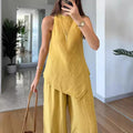 european and american cross-border  summer new arrival: solid color irregular sleeveless top and wide-leg pants two-piece set