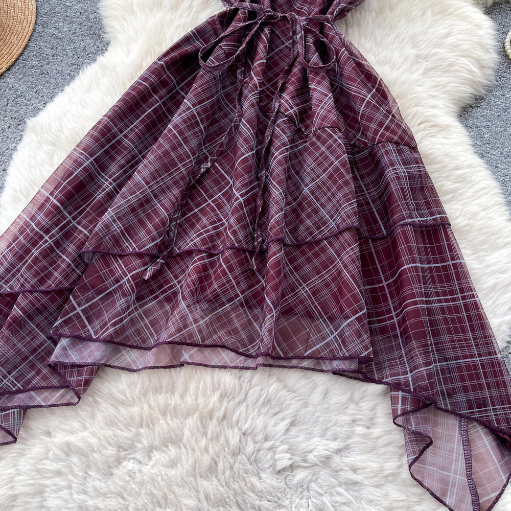 French retro plaid cami dress - women's summer korean style high waist, cinched waist, asymmetrical ruffle hem, slimming dress