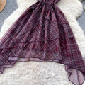 French retro plaid cami dress - women's summer korean style high waist, cinched waist, asymmetrical ruffle hem, slimming dress