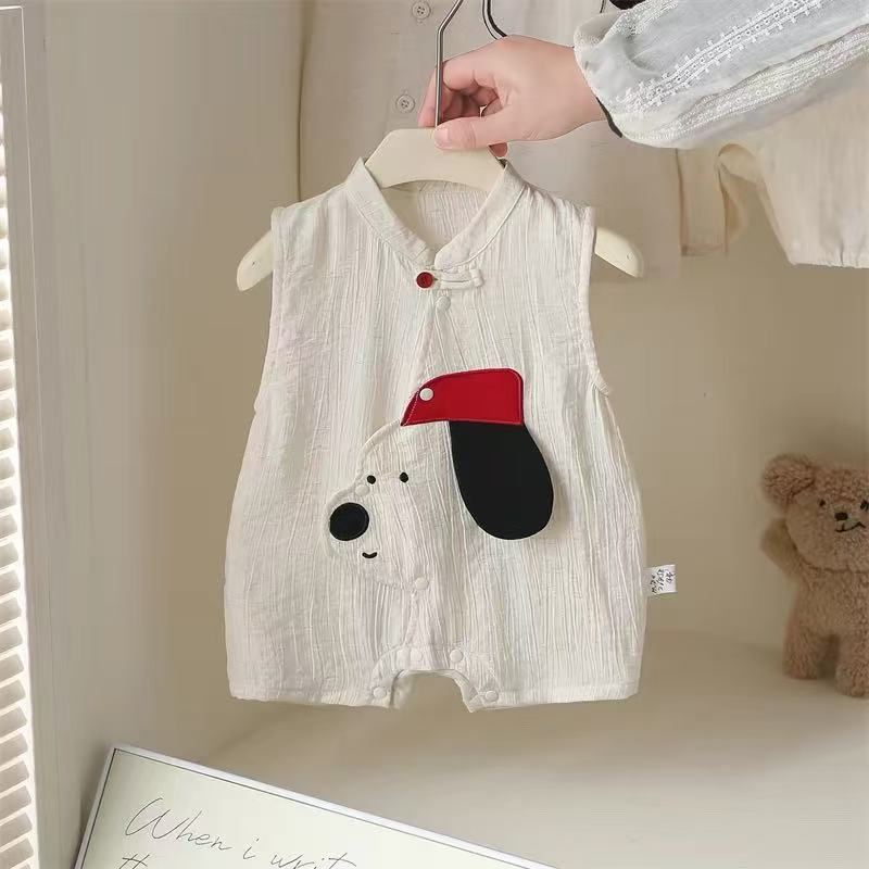 Summernew arrival sleeveless khaki cartoon summer baby clothes baby jumpsuit summer thin front cardigan rompers