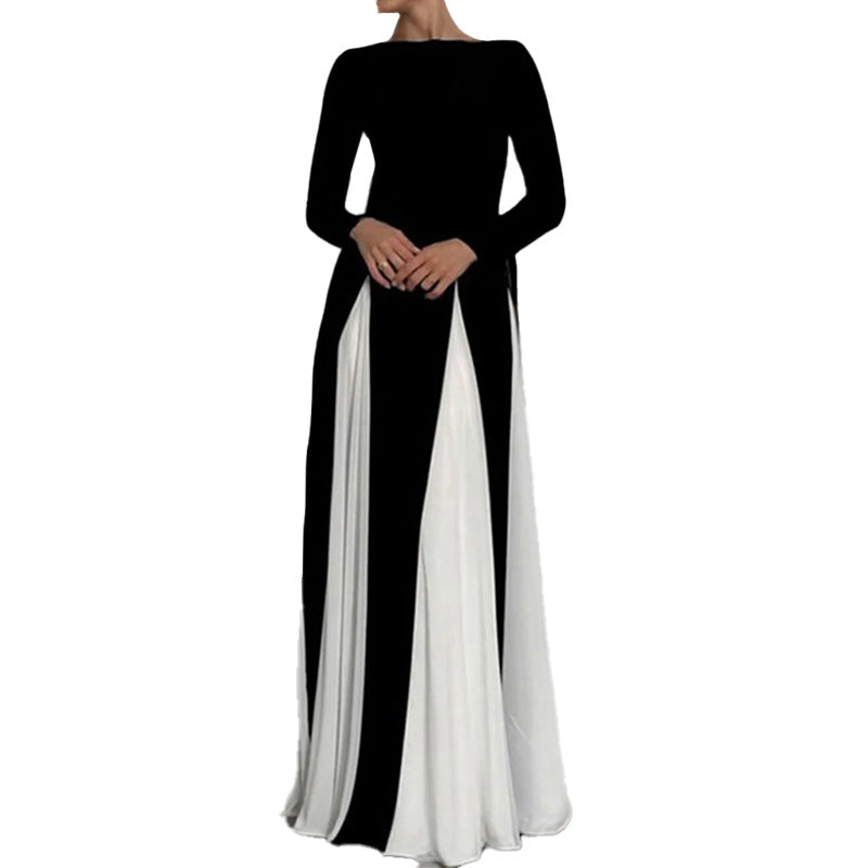 cross-border e-commerce european and american women's clothing: new summer collection - color block crew neck casual fitted waist slimming a-line maxi dress