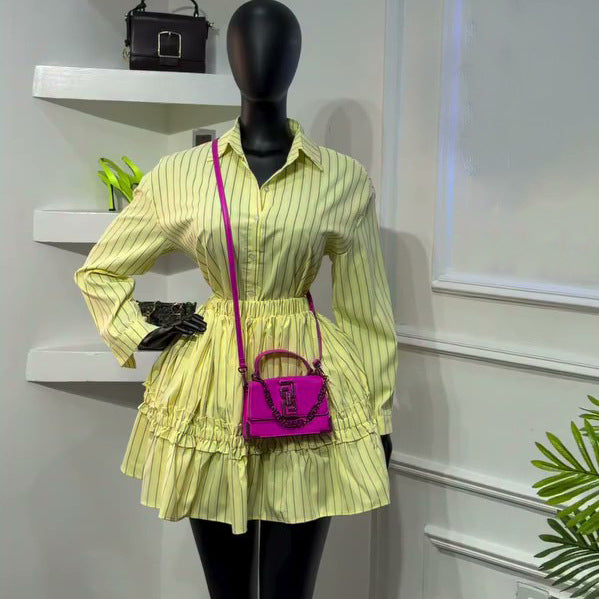 Fashion cross-border women's clothing  summer new style elegant lapel stripeslong sleevesshirt high waist skirt suit