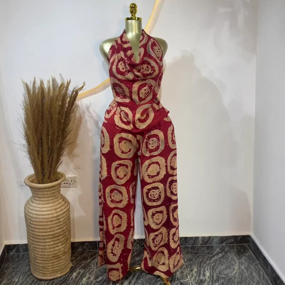 European and american cross-border women's fashion:  summer new collection - vintage print, backless sleeveless top & wide-leg pants set