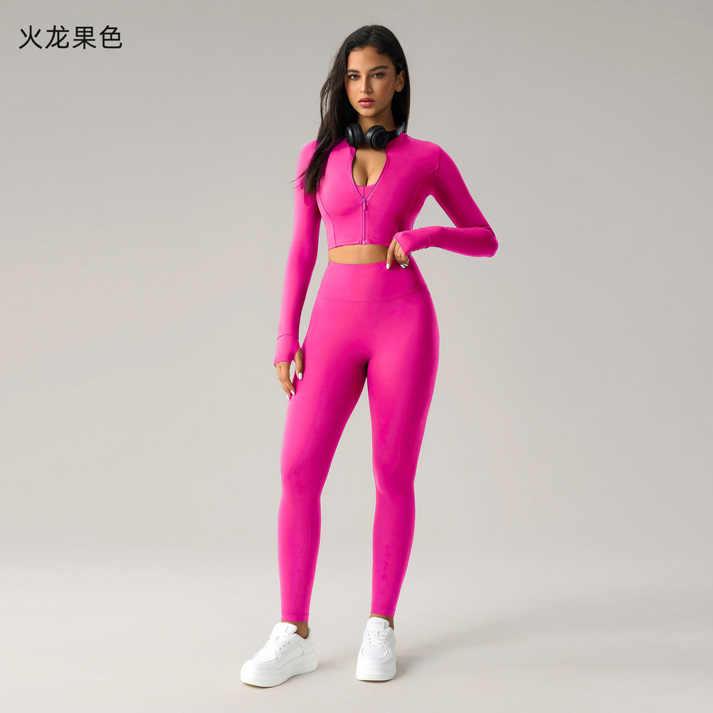 Fashion cross-border nude long sleeves yoga fitness suit women's back sports intimateshigh waist hip lifting tight nine-point pants
